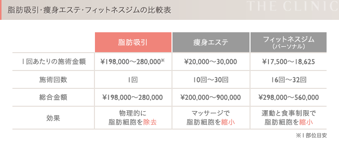 脂肪吸引・痩身エステ・フィットネスジムの比較表